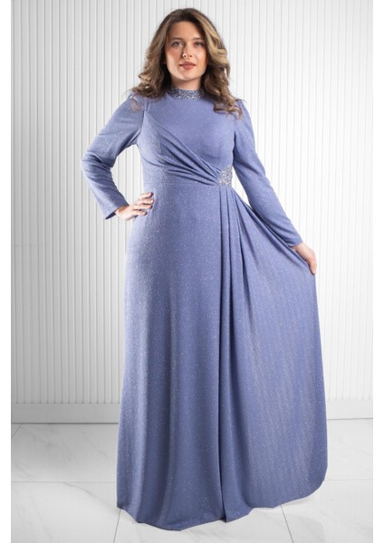 Taş Baskı Detay Simli Abiye Indigo MDA2523 fırsatları