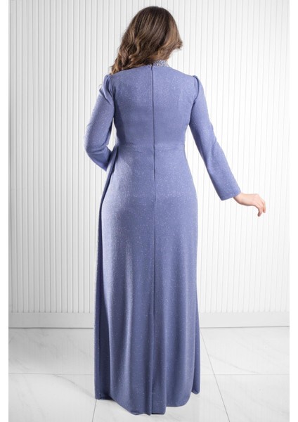 Taş Baskı Detay Simli Abiye Indigo MDA2523 indirimleri