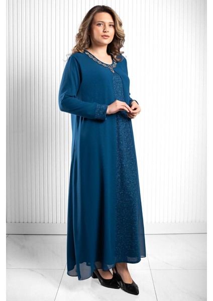 Taş Baskı Detaylı Şifon Abiye Petrol MDA2520