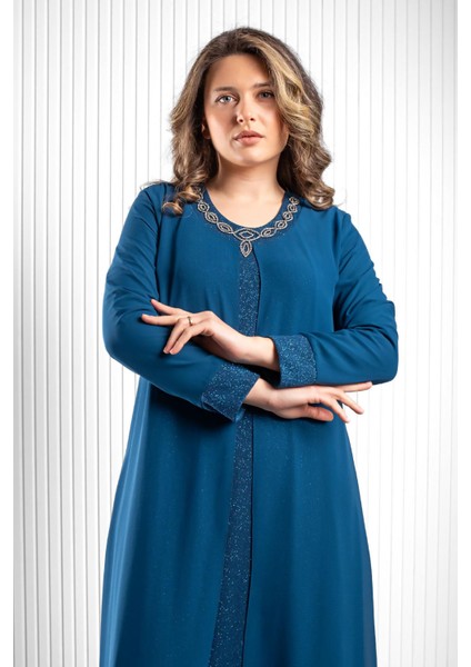 Taş Baskı Detaylı Şifon Abiye Petrol MDA2520 fiyatları