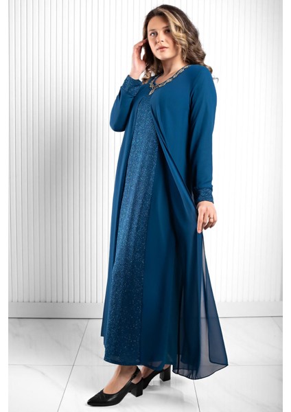 Taş Baskı Detaylı Şifon Abiye Petrol MDA2520 modelleri