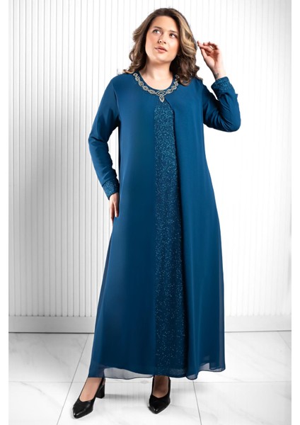 Taş Baskı Detaylı Şifon Abiye Petrol MDA2520 fırsatları