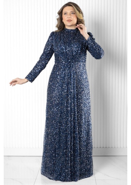 Pul Payet Detaylı Abiye Elbise Lacivert MDA2526