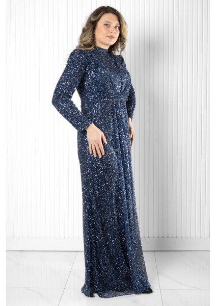 Pul Payet Detaylı Abiye Elbise Lacivert MDA2526 fiyatları