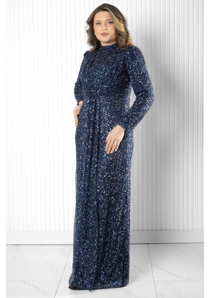 Pul Payet Detaylı Abiye Elbise Lacivert MDA2526 modelleri