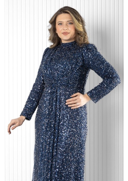 Pul Payet Detaylı Abiye Elbise Lacivert MDA2526 fırsatları