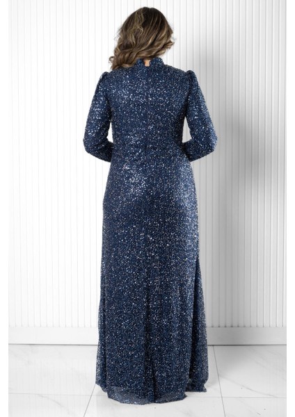 Pul Payet Detaylı Abiye Elbise Lacivert MDA2526 indirimleri