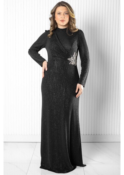 Taş Baskı Detaylı Abiye Siyah MDA2522