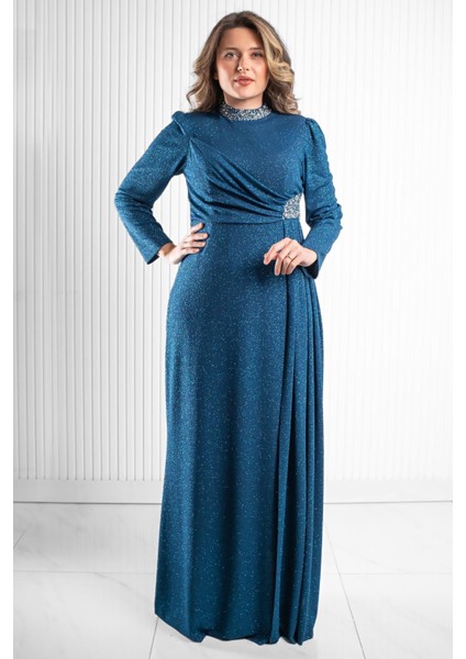 Taş Baskı Detay Simli Abiye Petrol MDA2523