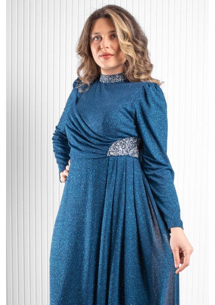 Taş Baskı Detay Simli Abiye Petrol MDA2523 fiyatları