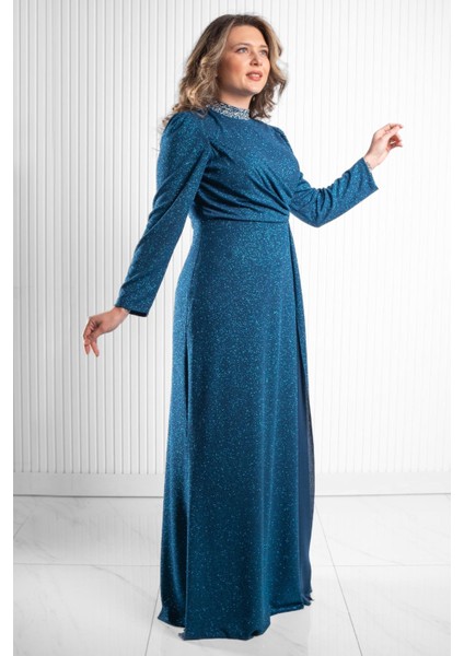 Taş Baskı Detay Simli Abiye Petrol MDA2523 modelleri