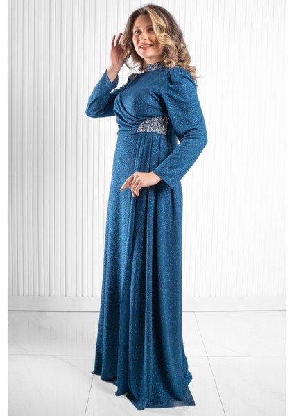 Taş Baskı Detay Simli Abiye Petrol MDA2523 fırsatları