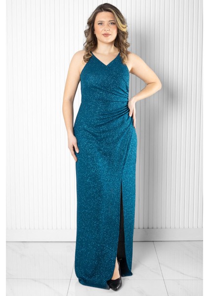 Simli Abiye Elbise Petrol MDA2509