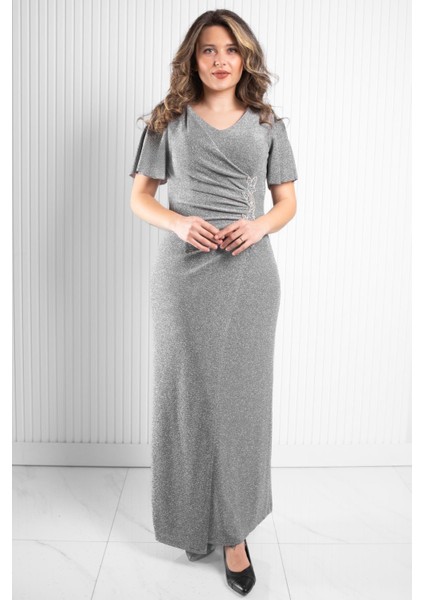 Taş Aksessuarlı Simli Abiye Gri MDA2533