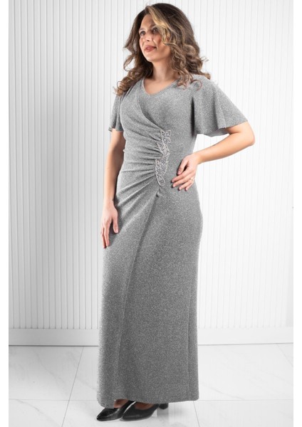 Taş Aksessuarlı Simli Abiye Gri MDA2533 modelleri