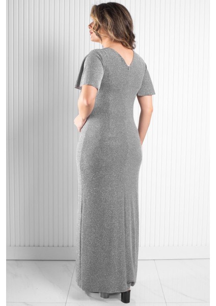 Taş Aksessuarlı Simli Abiye Gri MDA2533 indirimleri