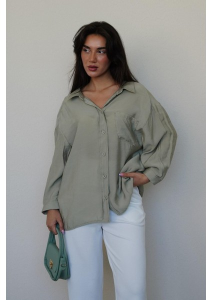 Mint Yeşili Cepli Kadın Uzun Kollu Gömlek MG2409 modelleri