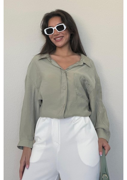 Mint Yeşili Cepli Kadın Uzun Kollu Gömlek MG2409 fırsatları