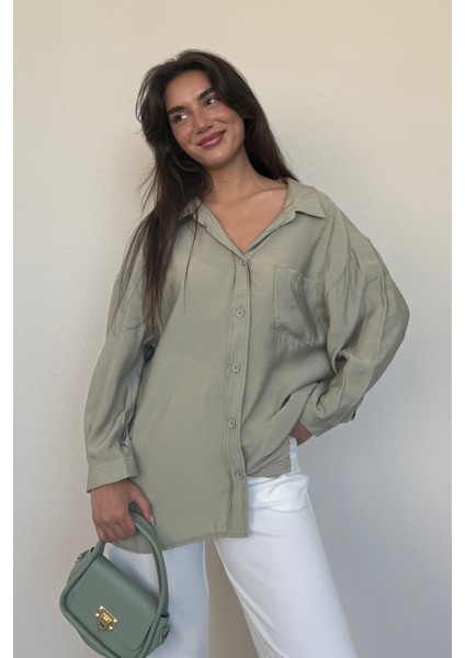 Mint Yeşili Cepli Kadın Uzun Kollu Gömlek MG2409 indirimleri
