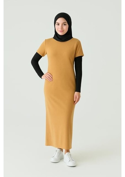 Kısa Kollu Fitilli Bisiklet Sıfır Yaka Terletmeyen Pamuklu Içlik Uzun Elbise Astar Tesettür H