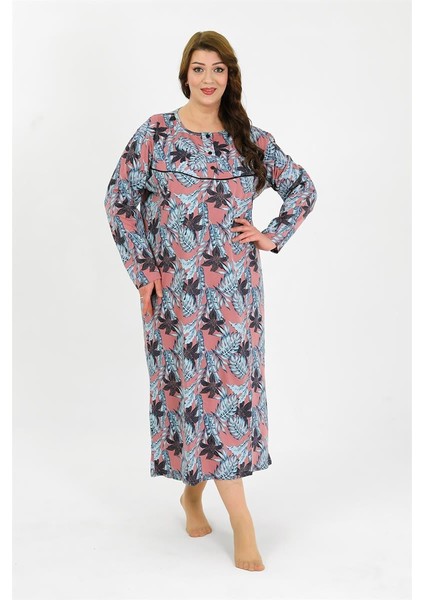 Kadın Büyük Beden Uzun Kol Somon Anne Gecelik 1378