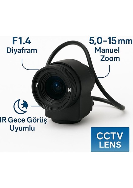 TV0515D-MPIR Otomatik Iris CCTV Lens – 5-15mm F1.4, Güvenlik Kameraları İçin