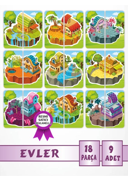 Evler Puzzle Magnet Seti 9 Adet, 18 Parça Dikkat Geliştiren Zeka Oyunu, Çocuk Oyalayan Oyuncak
