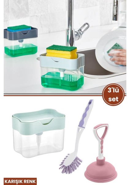 3’lü Bulaşık Temizlik Seti, Pompalı Hazneli Bulaşık Deterjanlığı + Bulaşık Fırçası + Lavabo Pompası