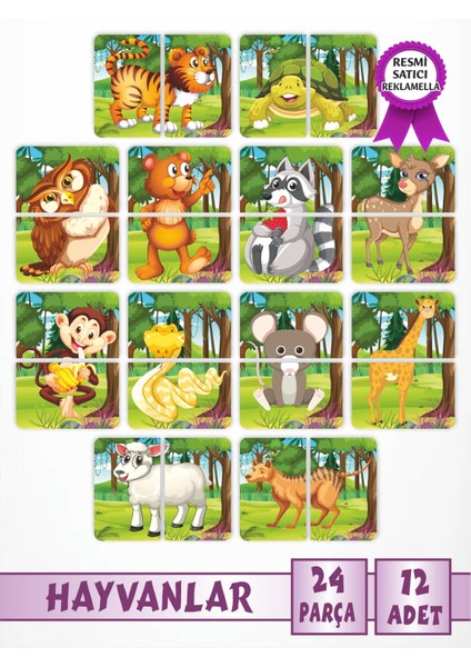 Hayvanlar Puzzle Magnet Seti 12 Adet, 24 Parça Dikkat Geliştiren Zeka Oyunu, Çocuk Oyalayan Oyuncak