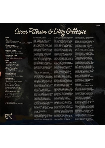 Oscar Peterson & Dizzy Gillespie Pablo Records 1975 Baskı Lp
