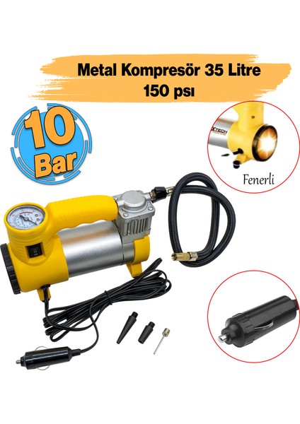Metal Hava Kompresörü 150 Psı 12V Araç Tipi Çakmaklık Araba Bisiklet Teker Lastik Şambrel Top Şişirme