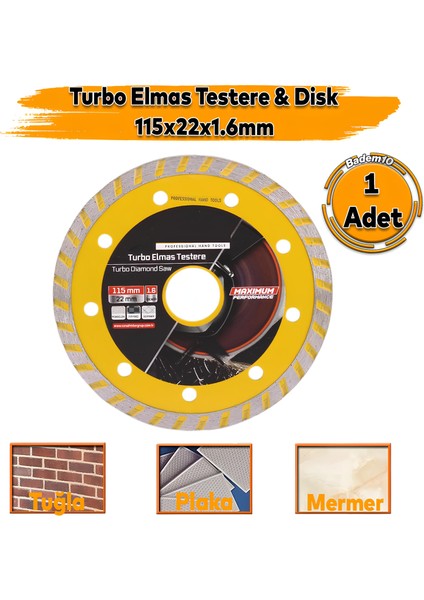 115X22X1.5 mm Turbo Elmas Seramik Inşaat Mermer Porselen Fayans Granit Sulu Kuru Kesim Kesme Disk