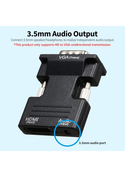 Hd Erkek - VGA Dişi Adaptör 3.5mm Ses Portu Destekli 1920*1080 Çözünürlük Bağımsız Ses Çıkışı Küçük Boy Siyah (Yurt Dışından) indirimleri