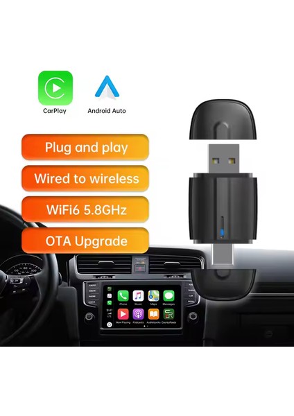 Tak Çalıştır Kablosuz Apple Carplay & Android Auto Mini USB Adaptörü Taşınabilir Bluetooth Wifi