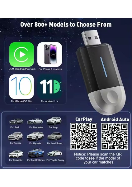 Tak Çalıştır Kablosuz Apple Carplay & Android Auto Mini USB Adaptörü Taşınabilir Bluetooth Wifi