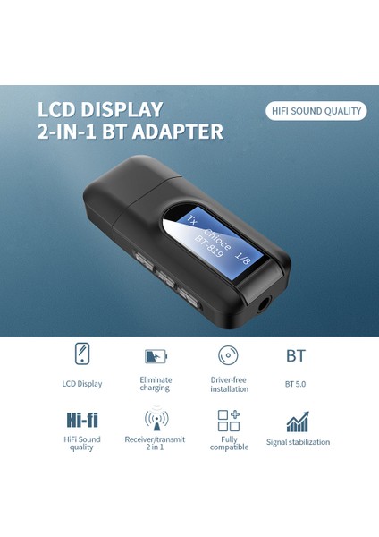 T11 Bt 5.0 Ses Alıcı Verici 3.5mm LCD Ekranlı 3.5 Aux Stereo USB Fişli Kablosuz Adaptör Araba Pc Tv Kulaklık (Yurt Dışından)