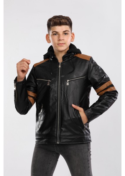 Veform Erkek Çocuk Içi Kürklü Kapişonlu Su Geçirmez Suni Deri Mont AVM097VF Siyah/kahve