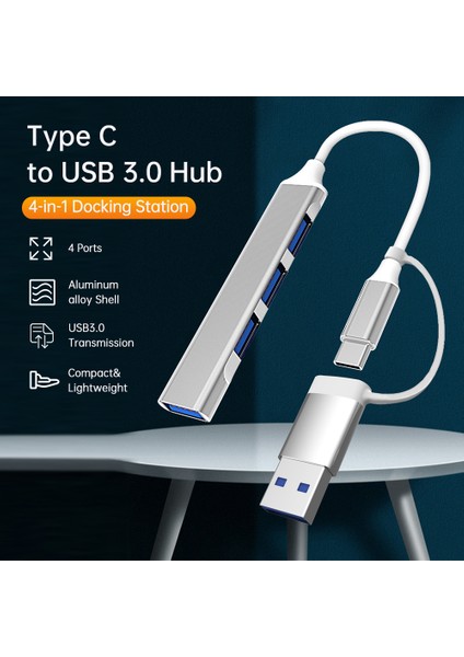 Type C - USB 3.0 Hub 4 Portlu 4'ü 1 Arada Yerleştirme Istasyonu Ultra Ince USB Ayırıcı Tak ve Çalıştır MacBook Pro/air Surface Pro Ps4 Xps Pc Flash Sürücüsüyle Uyumlu (Yurt Dışından)