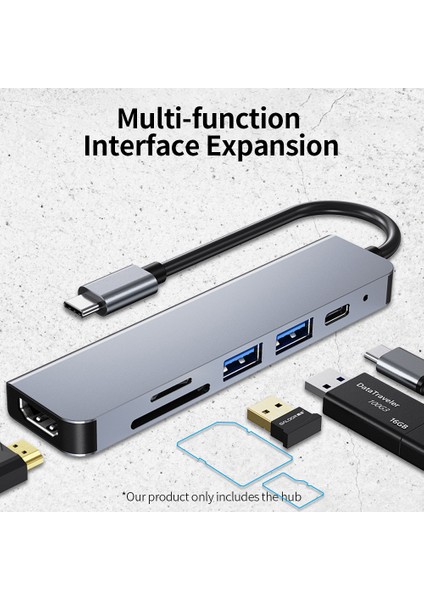 6'sı 1 Arada Çok Işlevli Type-C Hub Alüminyum Alaşımlı Type-C Dönüştürücü Hd Usb2.0 Usb3.0 Pd Bağlantı Noktaları Tf Sd Kart Yuvaları Tak ve Çalıştır (Yurt Dışından)