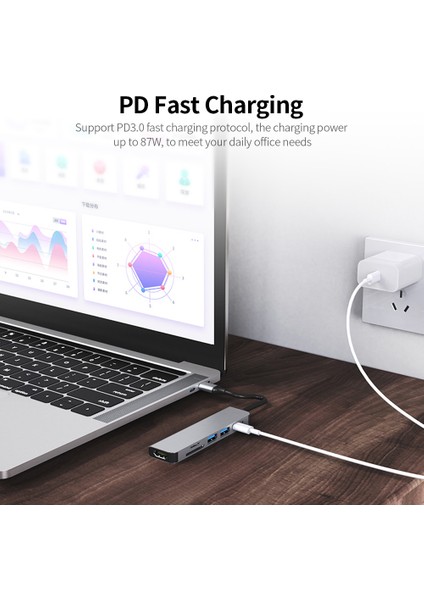 6'sı 1 Arada Çok Işlevli Type-C Hub Alüminyum Alaşımlı Type-C Dönüştürücü Hd Usb2.0 Usb3.0 Pd Bağlantı Noktaları Tf Sd Kart Yuvaları Tak ve Çalıştır (Yurt Dışından)