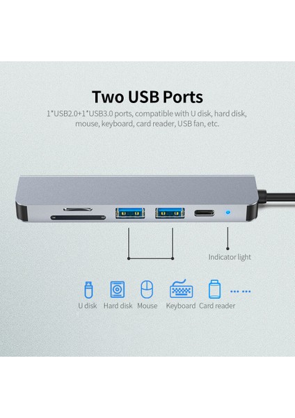 6'sı 1 Arada Çok Işlevli Type-C Hub Alüminyum Alaşımlı Type-C Dönüştürücü Hd Usb2.0 Usb3.0 Pd Bağlantı Noktaları Tf Sd Kart Yuvaları Tak ve Çalıştır (Yurt Dışından)