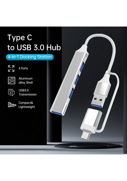Type C - USB 3.0 Hub 4 Portlu 4'ü 1 Arada Yerleştirme Istasyonu Ultra Ince USB Ayırıcı Tak ve Çalıştır MacBook Pro/air Surface Pro Ps4 Xps Pc Flash Sürücüsüyle Uyumlu (Yurt Dışından)