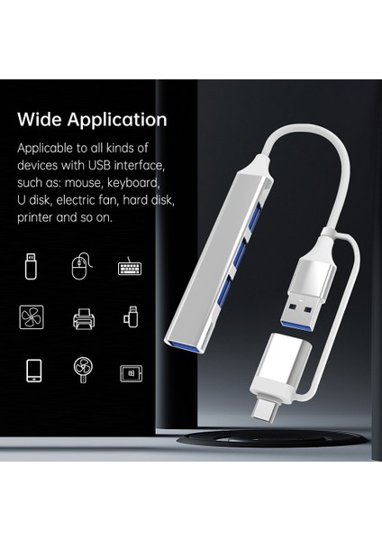 Type C - USB 3.0 Hub 4 Portlu 4'ü 1 Arada Yerleştirme Istasyonu Ultra Ince USB Ayırıcı Tak ve Çalıştır MacBook Pro/air Surface Pro Ps4 Xps Pc Flash Sürücüsüyle Uyumlu (Yurt Dışından)