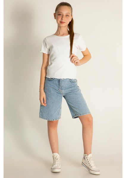 Yüksek Bel Denim Bermuda Kot Rahat Kalıp Cepli Kız Çocuk Şort