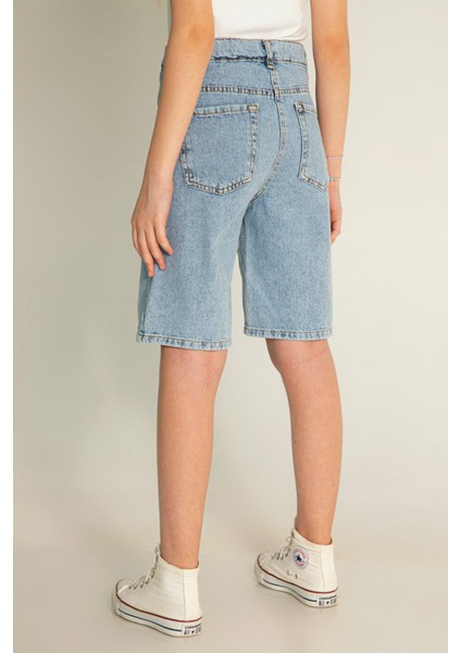 Yüksek Bel Denim Bermuda Kot Rahat Kalıp Cepli Kız Çocuk Şort fiyatları
