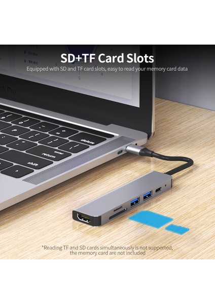 6'sı 1 Arada Çok Işlevli Type-C Hub Alüminyum Alaşımlı Type-C Dönüştürücü Hd Usb2.0 Usb3.0 Pd Bağlantı Noktaları Tf Sd Kart Yuvaları Tak ve Çalıştır (Yurt Dışından)