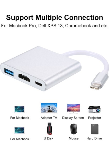 USB 3.1 Type-C'den USB 3.0/ Hd/ Type-C Hub'a Usb-C 3'ü 1 Arada Adaptör Dongle Dock Kablosu Macbook Pro, Dell Xps 13 Için Yedek (Yurt Dışından)