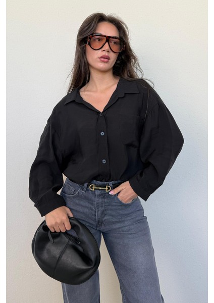 Siyah Cepli Kadın Uzun Kollu Gömlek MG2409