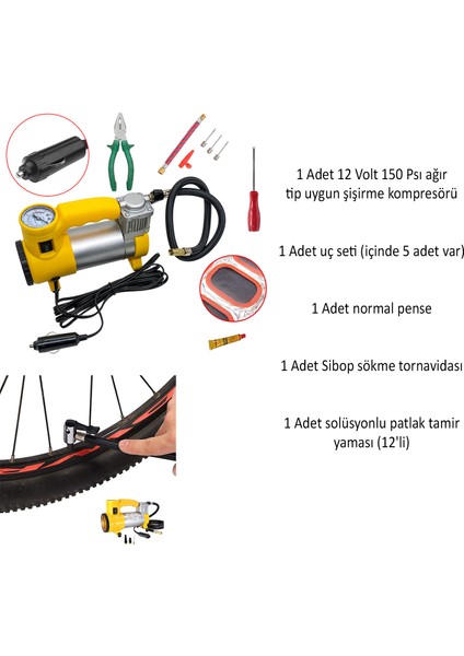 Metal Hava Kompresörü 150 Psı 12V Araç Tipi Çakmaklık Sibop Sökme Lastik Yapıştırma Solüsyon 5 Set