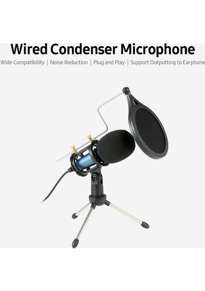 3,5 mm Kablo Gürültü Azaltma/tripod Standı/filtre/kulaklığa Çıkış Desteği/çoklu Kullanımlar Mavi ile Kondansatör Mikrofon (Yurt Dışından)